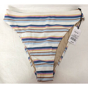 Shade & Shore Bikini Bottom Blue Cream Tan Stripes Med High Cut Cheeky Swimwear